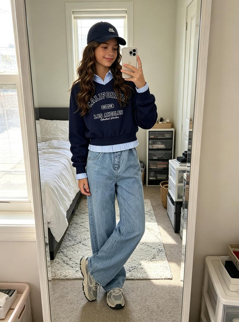 Clothes Spring Fall Spliced Fake Two Piece Long Sleeve Top & Denim Pants 2PCS Set Girl Outfits