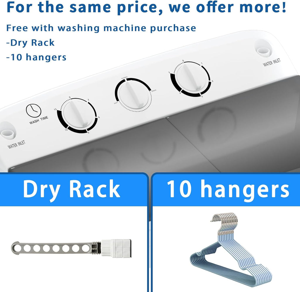 Portable Twin Tub 18.8lbs Washing Machine with Drying Rack and 10 Hangers, 11.8lbs Washer Mini Compact Laundry Machine