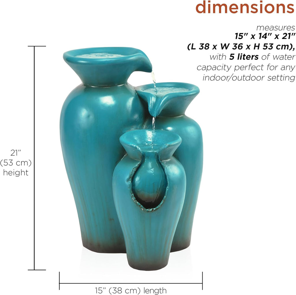 21" Outdoor 3-Tiered Pots Water Fountain - Cascading Ceramic Water Feature with Built-In Pump for Gardens, Patios
