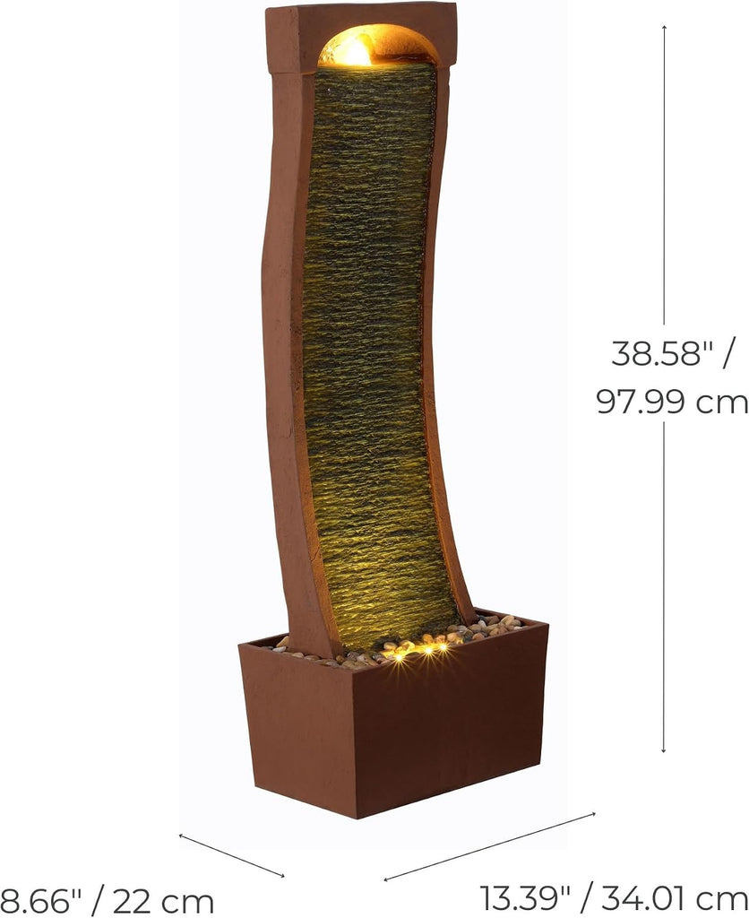 38.5" Modern Curved Faux Slate Waterfall Fountain with LED Lights, Red Rock