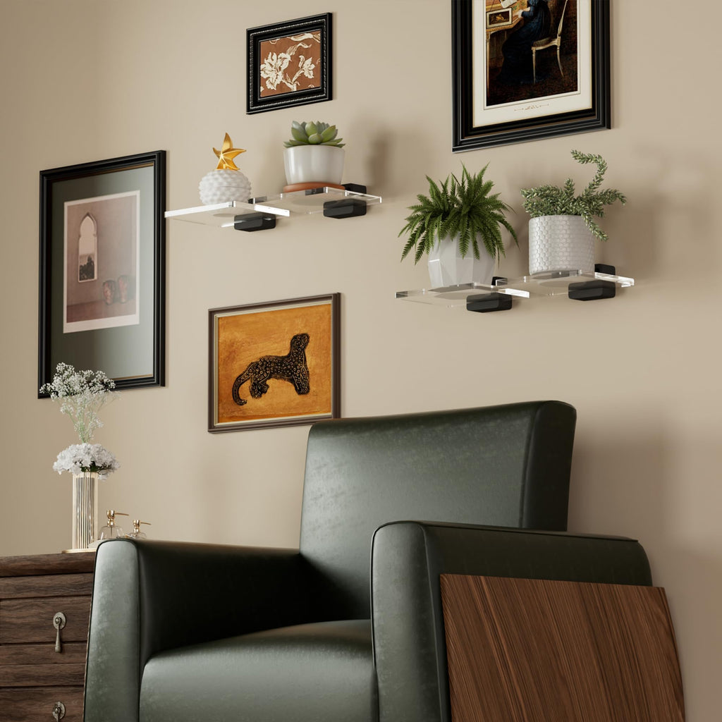 Acrylic Floating Shelves, Wall Mounted Shelves with Solid Pine Base