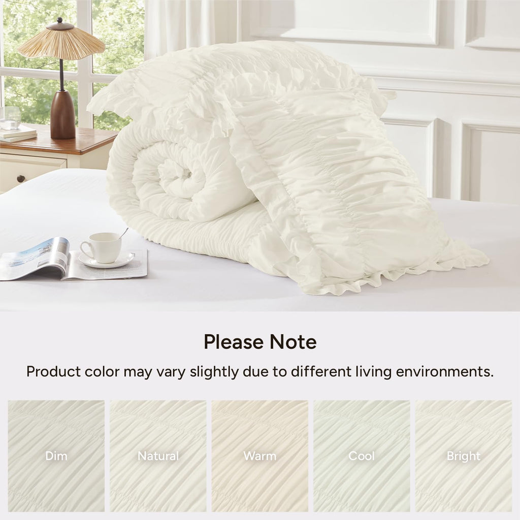 Ivory Ruffle Comforter Set, Ruched Farmhouse Bedding 3 Pieces