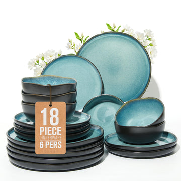 Stoneware Dinnerware Sets for 6, 18Pcs Ceramic Plates and Bowls Sets