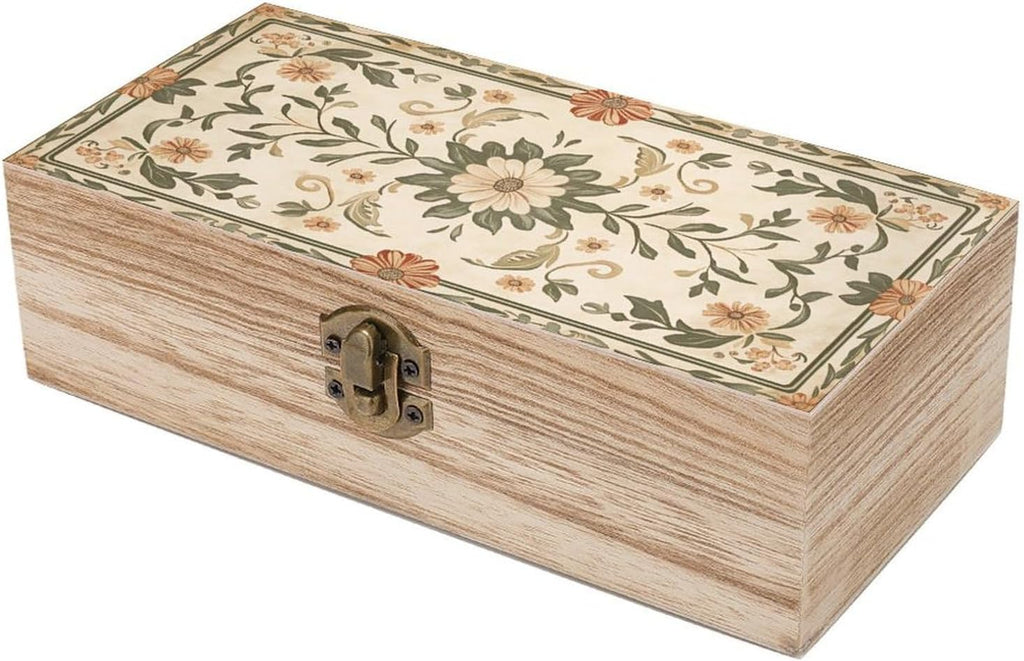 Boho Floral Wooden Storage Box (7.9" X 3.9" X 2.3"),Vintage Wooden Jewelry Box with Hinged Lid Natural Wood Keepsake