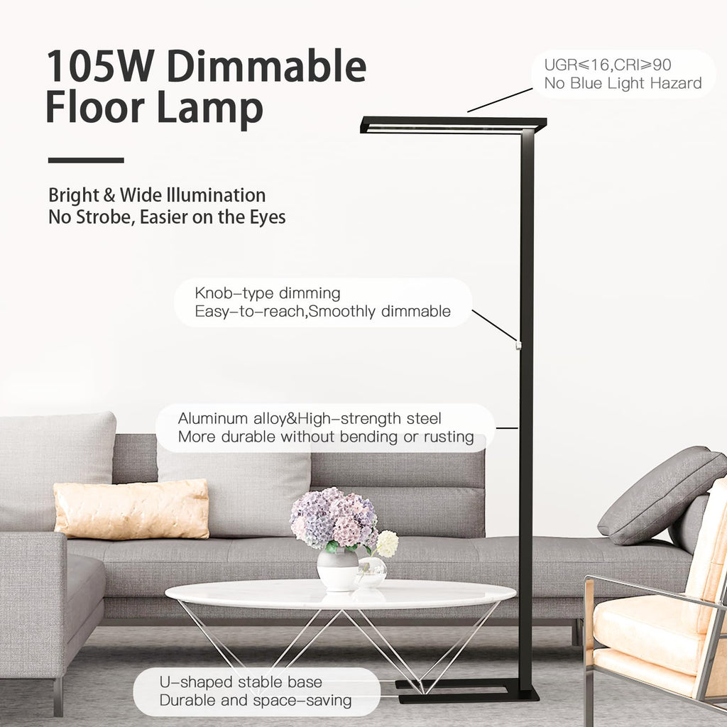 76" Led Floor Lamp, 105W Eye-Care Free-Standing Lamp, Black