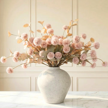 Artificial Flowers for Vase - 12 Stems Beige Faux Silk Mums with Eucalyptus - Set of 12