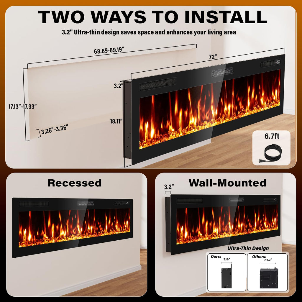 72" Electric Fireplace Recessed Wall Mounted, Ultra Thin Linear Fireplace Inserts, 12 Flame Colors, Timer, Remote &