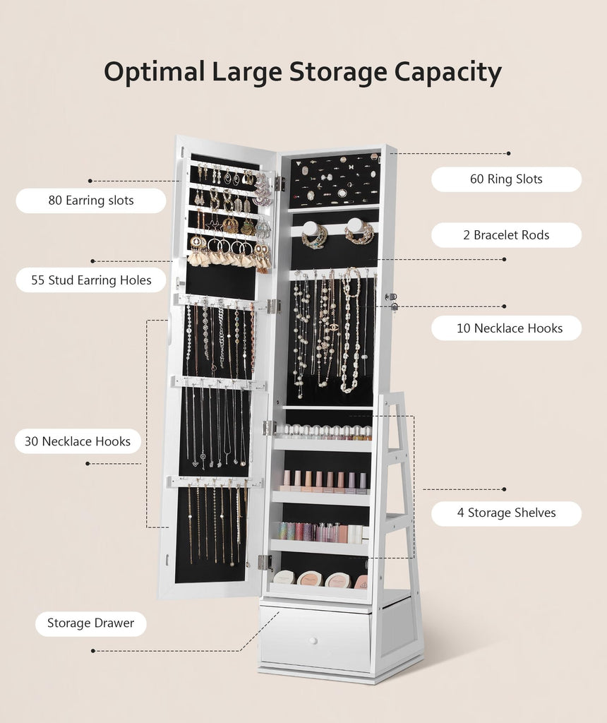 360° Swivel Jewelry Cabinet, Full Length Mirror, Lockable