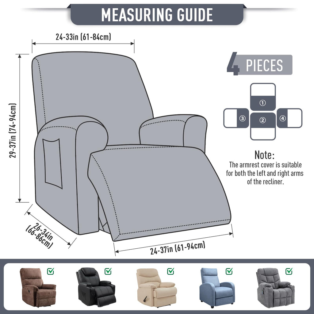 Stretch Recliner Chair Covers 4 Piece, Grey