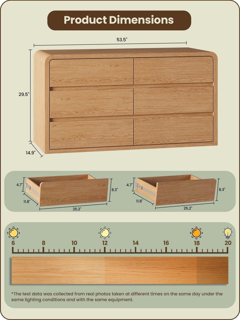 Modern 54" Wide 6 Drawers Dresser with Curved Profile Design, Oak