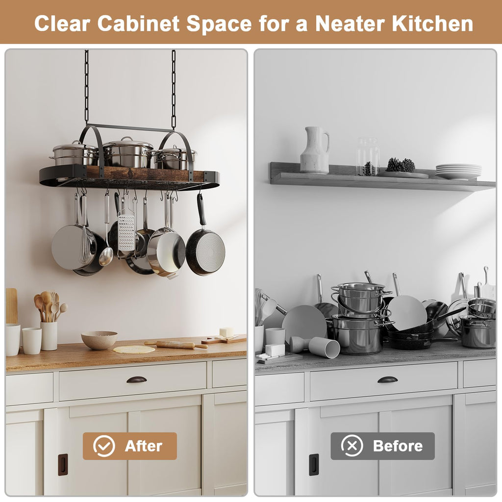Hanging Pot Rack, 32-Inch Ceiling Pot Rack, 16 S Hooks, 100 lb Capacity