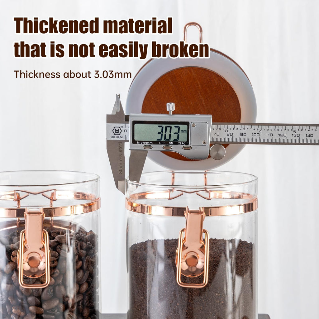 Glass Coffee Container with Wooden Shelf, 2 x 40 FLOZ Coffee Bean Storage with Sealed Closure Clips and Copper Spoon