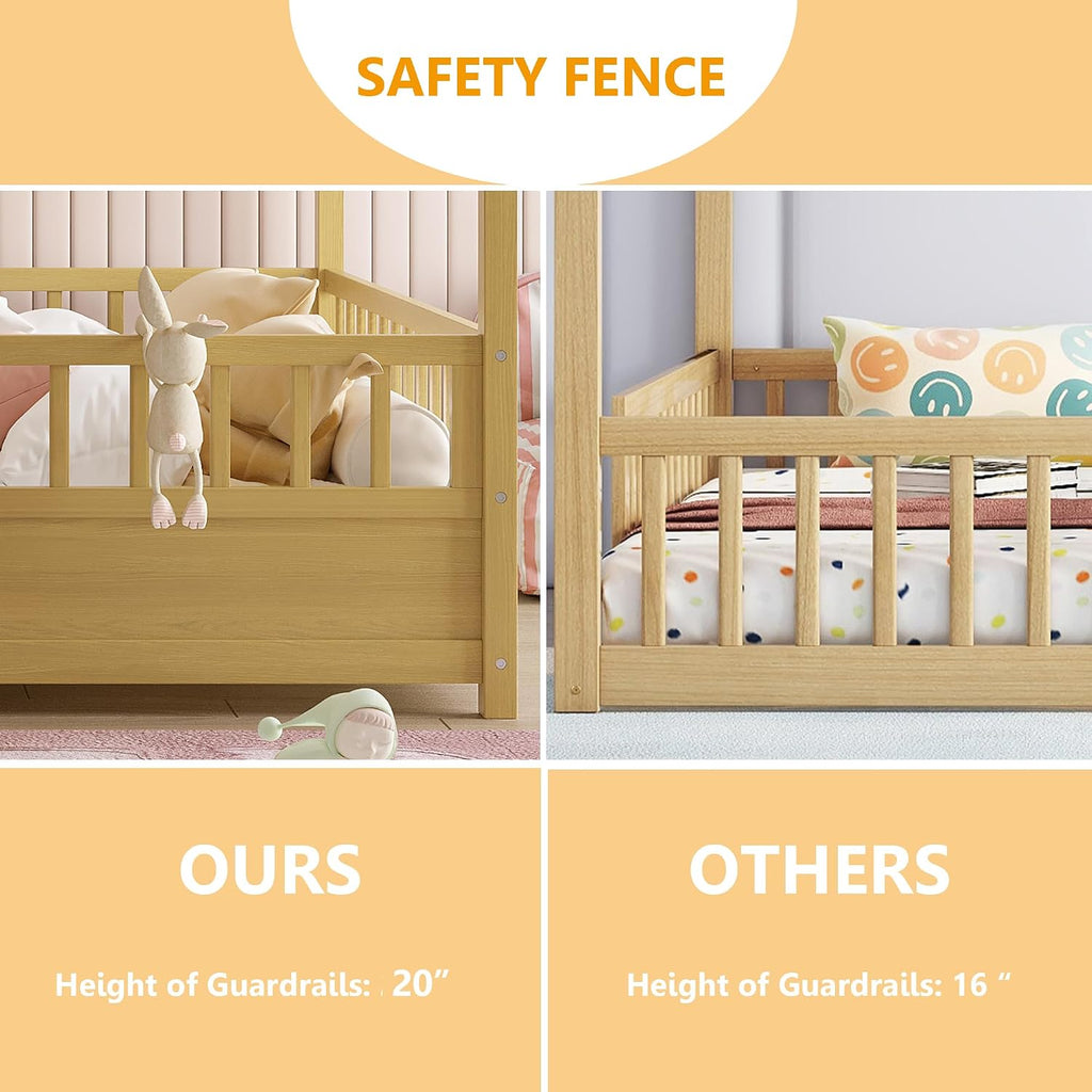 Montessori Floor Bed with High Fence, Roof and Door, Wood Montessori Bed, House Beds for Kids