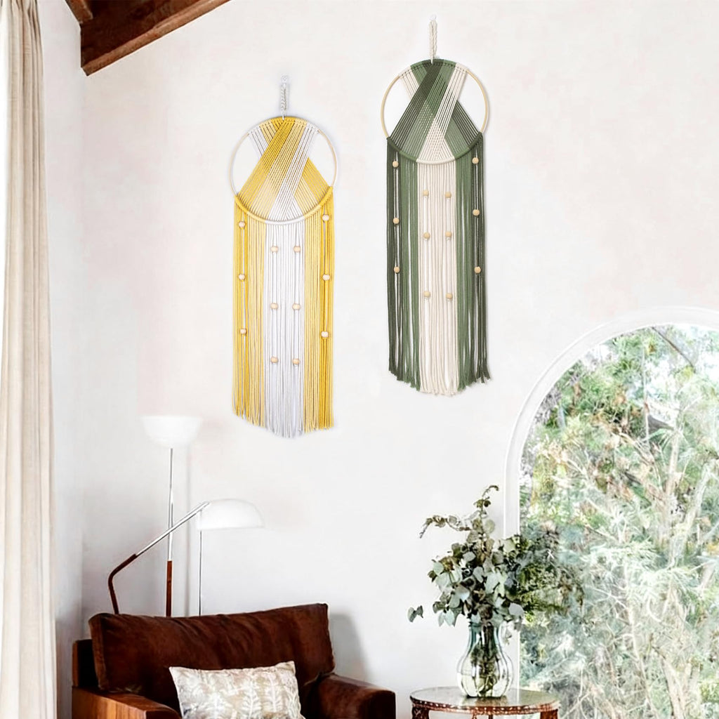 LB 2Pc Boho Macrame Wall Hanging Modern Aesthetic Wall Decor Green and Yellow Hand Woven Cotton Macrame Wall Art with