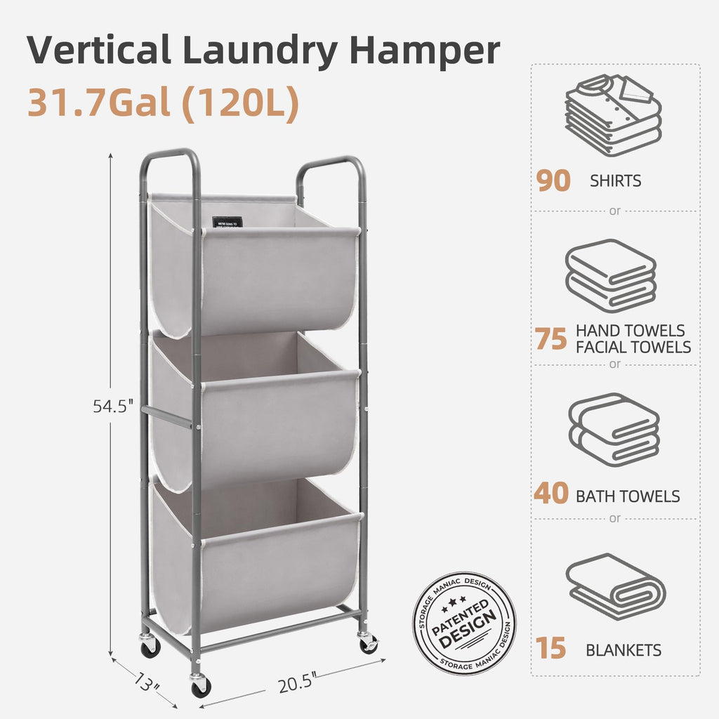 Vertical Rolling Laundry Hamper, 3 Section Laundry Sorter