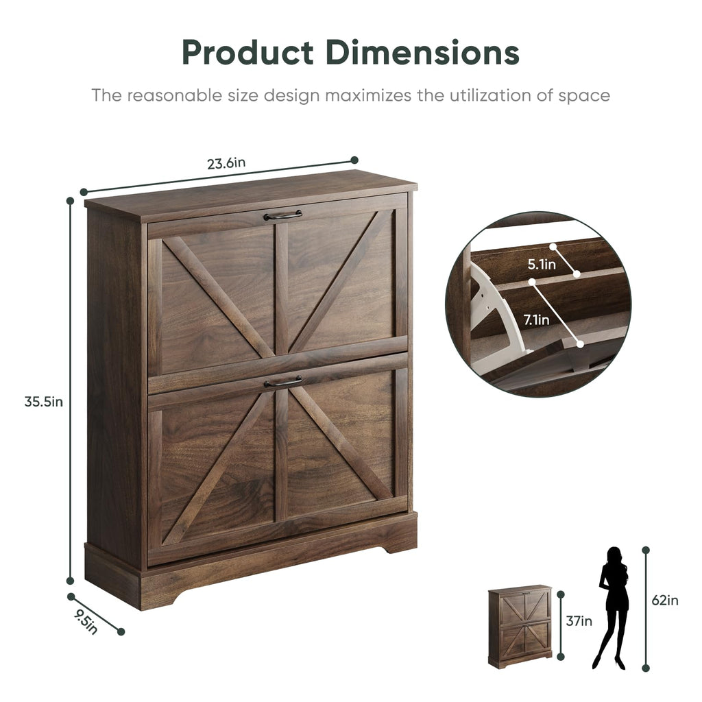 Shoe Cabinet, Shoe Storage Cabinet with 2 Flip Drawers, Narrow Farmhouse Shoe Organizer Cabinet, Slim Shoe Rack