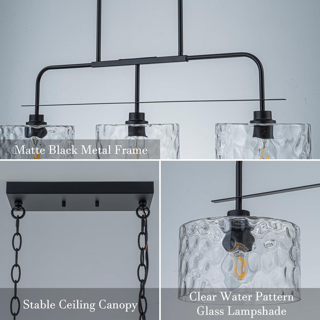 36" Linear Chandelier with Clear Rippled Glass Shades 3-Light Black Linear Pendant Light, Industrial Hanging