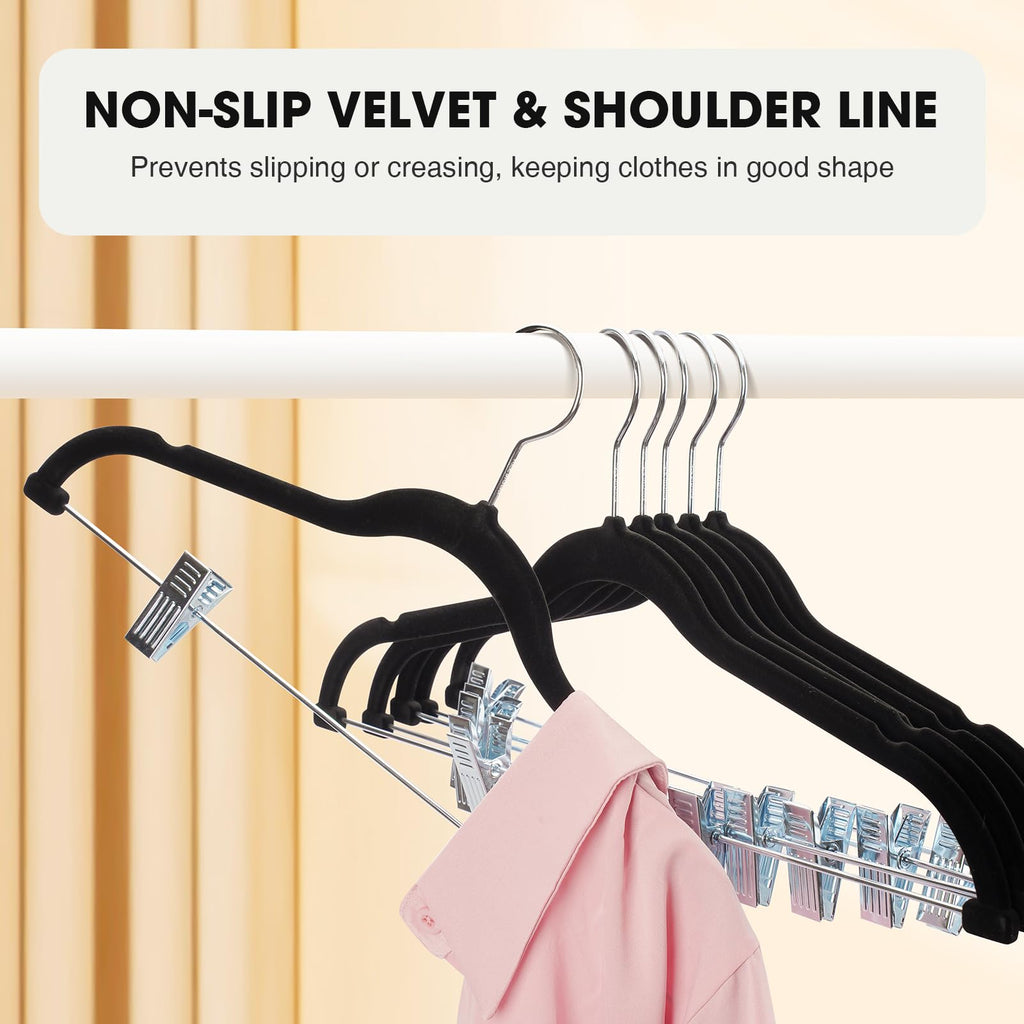 36-Pack Black Velvet Hangers with Clips Adjustable, Adult Hangers, Heavy-Duty, Felt, Non-Slip, Space Saving, Slim Outfit
