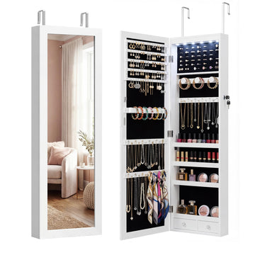6 LEDs Jewelry Cabinet with Lock, 50" Full Length Mirror Wall Mounted or Over The Door Jewelry Organizer, Large