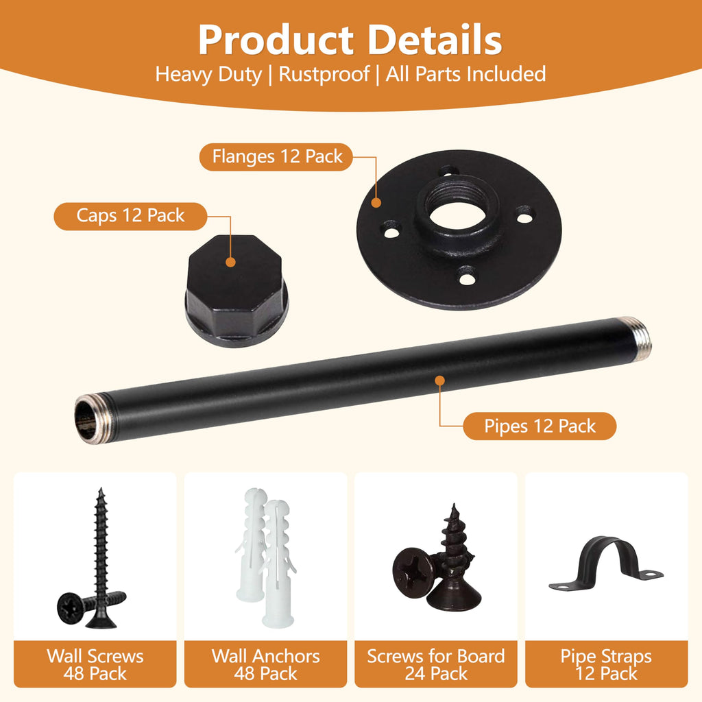 Industrial Pipe Shelf Brackets, Heavy Duty Black Iron, 14 Inch, 12 Pack