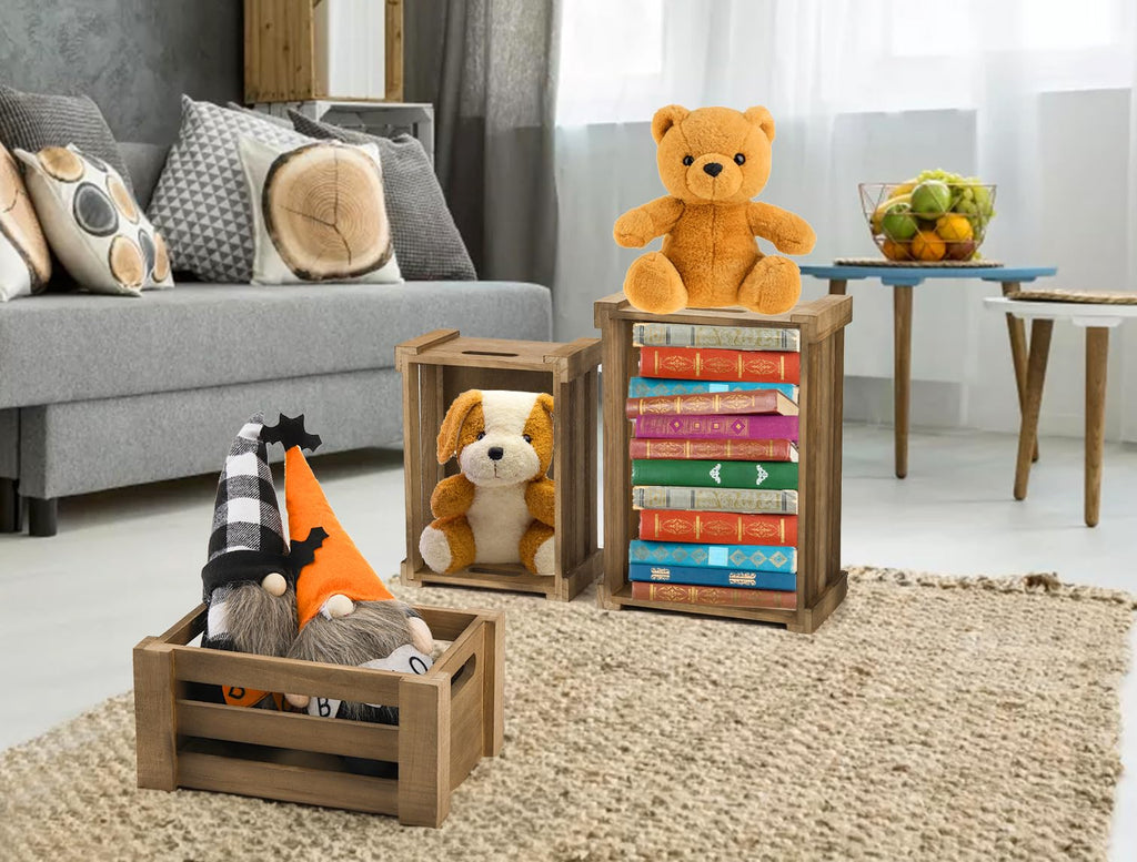 Set of 3 Wood Nesting Storage Crates with Handle, Rustic Farmhouse Decorative Wooden Crates Distressed Crates Storage