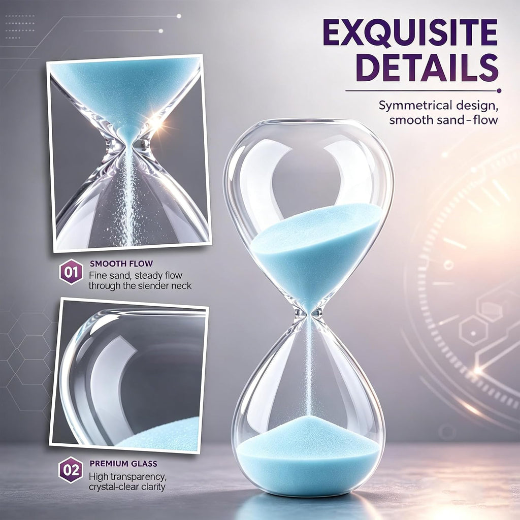 Hourglass, Light Blue Sand Timer, 15 Minute Hand-Blown Glass