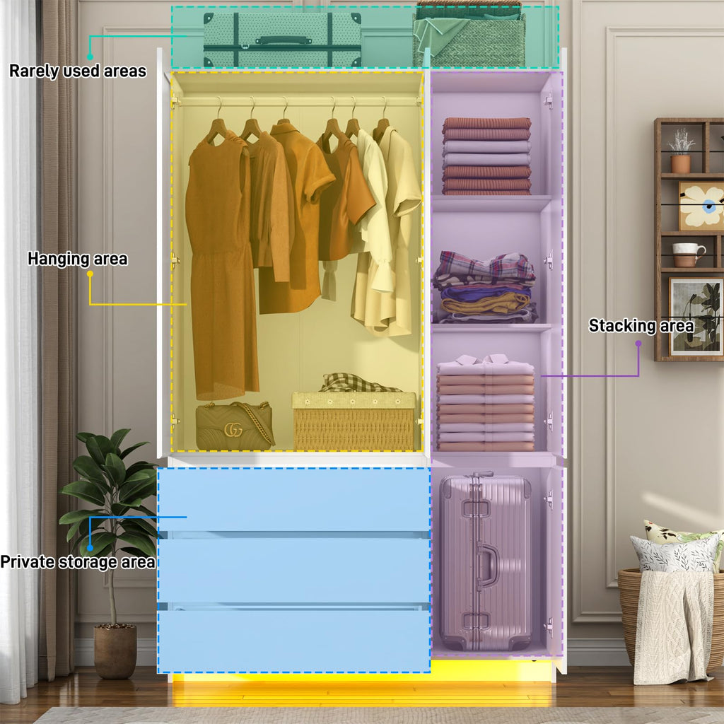 75"H Tall Modern 3 Doors Wooden Armoire Wardrobe Closet with 3 Drawers & 2 Mirror, Clothing Storage Cabinet with