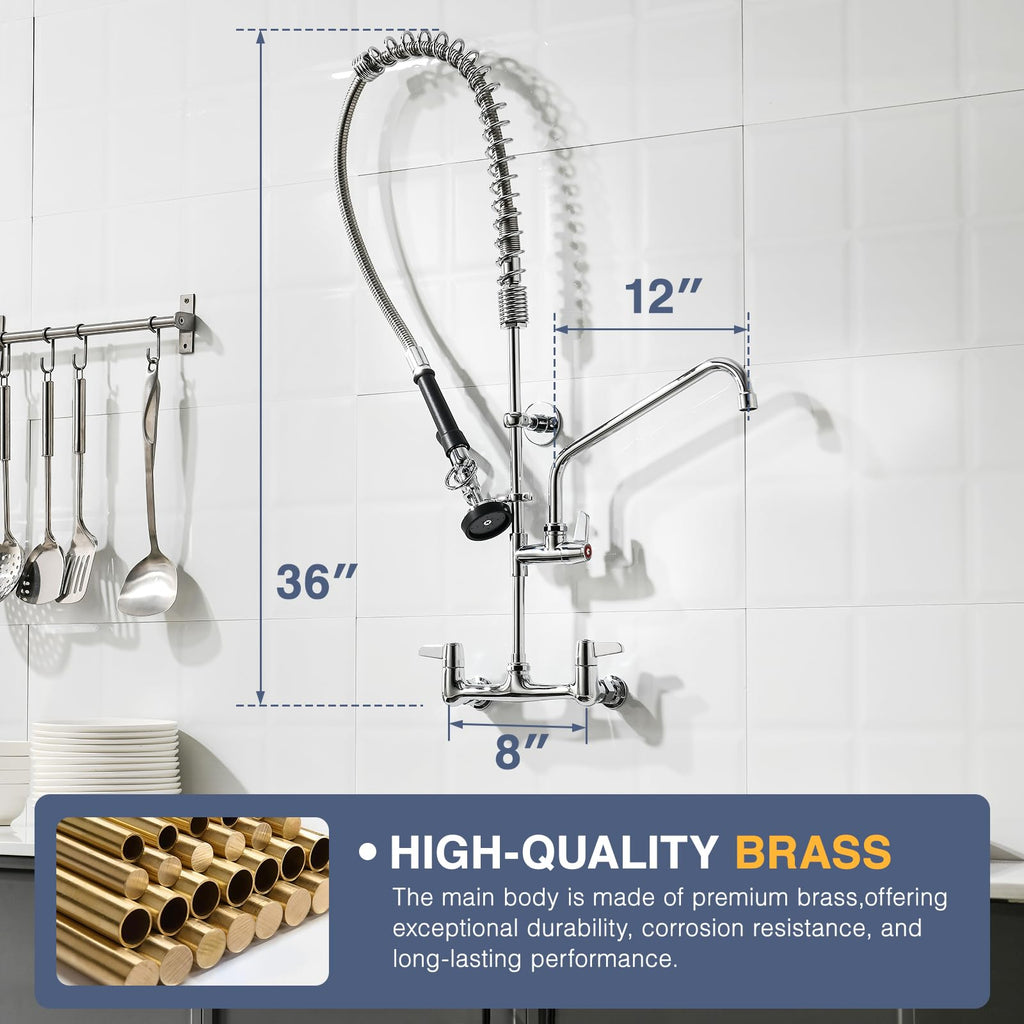 36" Commercial Sink Faucet Wall Mount with Pre-Rinse Sprayer