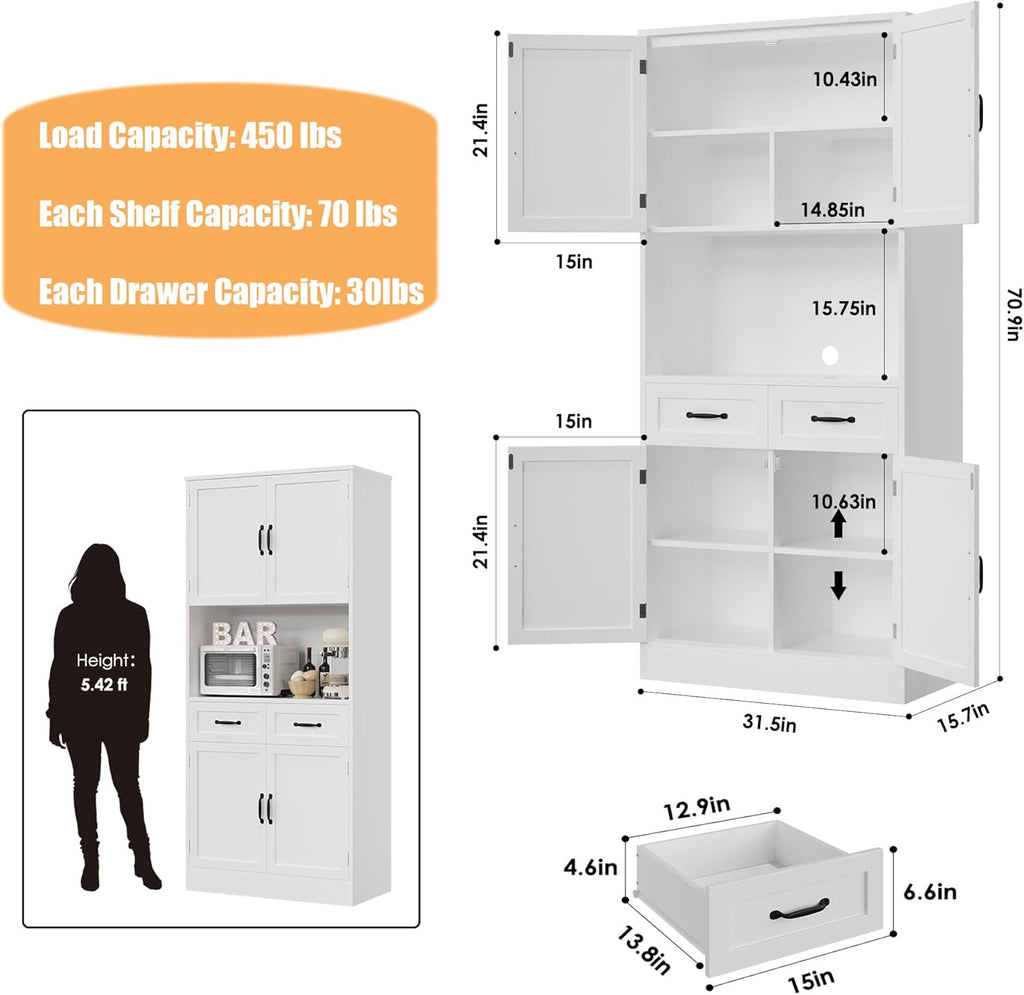 71" Tall Kitchen Pantry Storage Cabinet, Wood Kitchen Hutch, White | Modern Pantry Cabinet with Microwave Stand