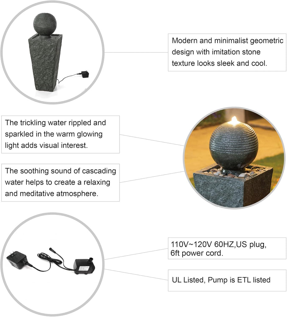 Outdoor Water Fountain with LED Light, Decorative Sphere Pedestal Outdoor Fountain with Submersible Pump