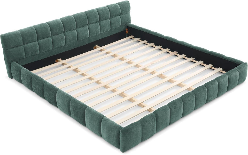 Upholstered Platform Bed Frame with Headboard, Modern Low Profile Grounded Bed Frame, Chunky Fluted Chenille