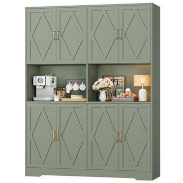 55" W Pantry Cabinet, 71" Tall Kitchen Hutch Storage Cabinet, Green