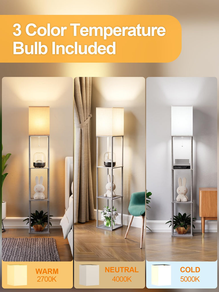 Floor Lamp with Shelves, Shelf Floor Lamp with 3 CCT LED Bulb, Corner Display Standing Column Lamp Etagere Organizer