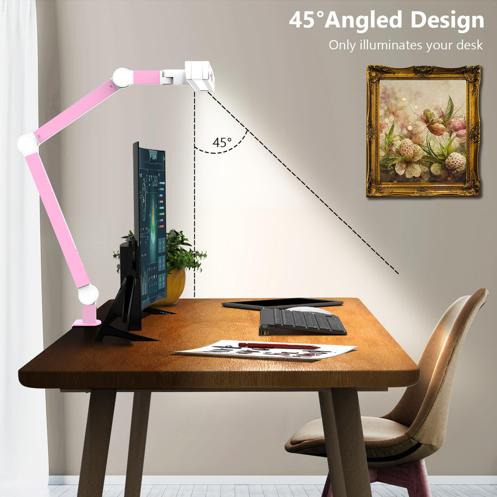 Architect Desk Lamp, Pink Desk Lamp with Clamp for Working, 24W Bright Rotatable Led Table Light Stepless Dimming