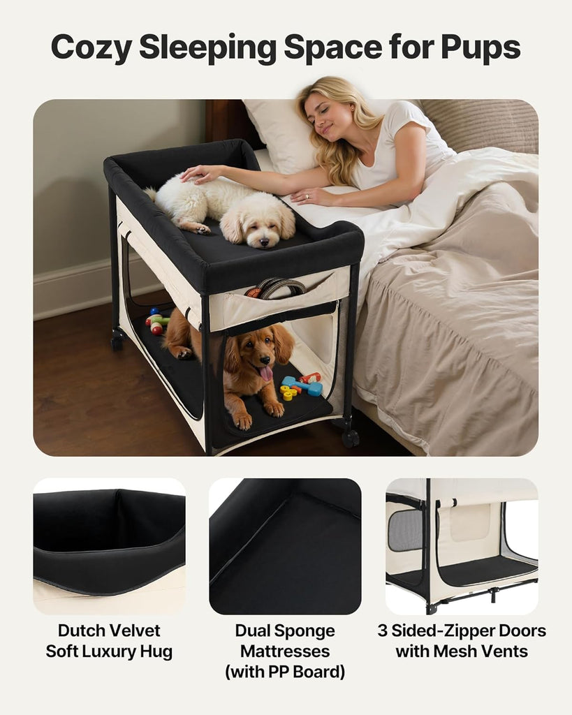 Bedside Lounge Pet Bed, Foldable Bunk Dog Bed with 600D Oxford Cloth and Dutch Velvet, Portable Raised Cot