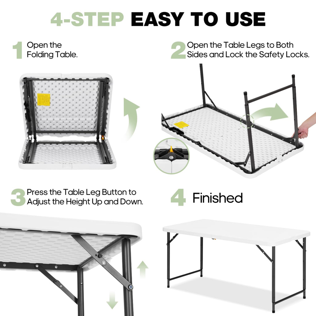 4ft Folding Table with Adjustable Height, 2-Level Foldable Table with HDPE Top & Steel Legs, Portable 4 Foot Folding