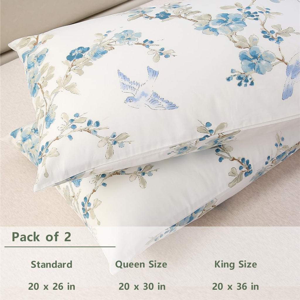 100% Cotton Pillowcases Set of 2 King Size Floral Printed Pillow Cases Soft Breathable Cooling Pillowcase Decorative