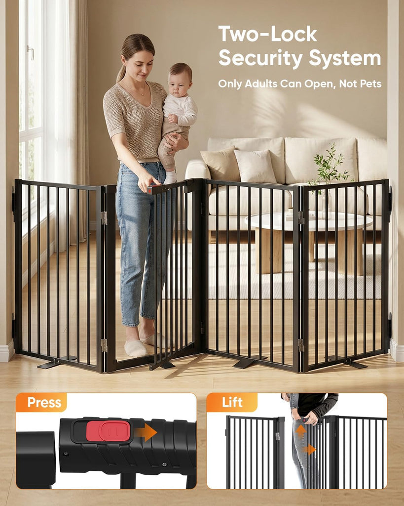 Freestanding Dog Gate with Door, Full Metal Pet Gate