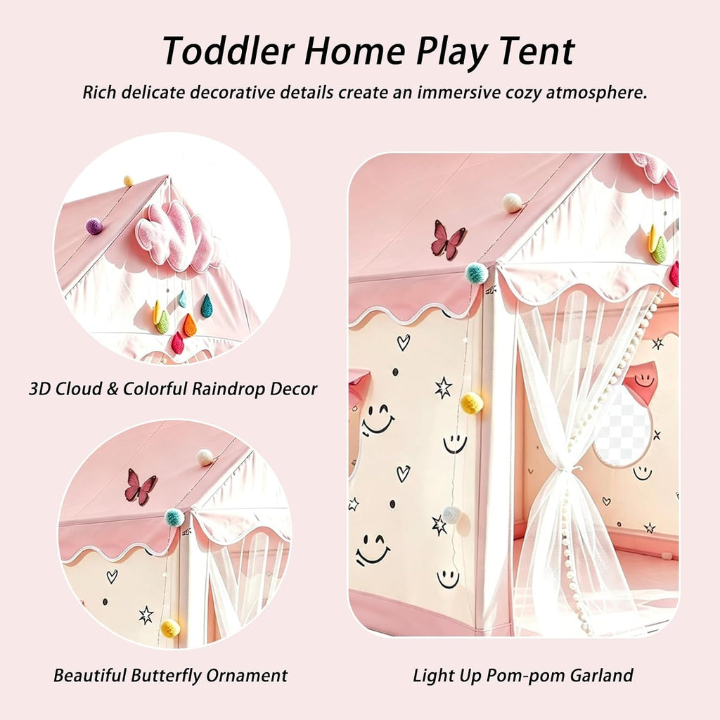 Princess Castle Play Tent for Kids with LED Globe String Lights, Pink Fantasy Playhouse Indoor, Easy Setup & Durable