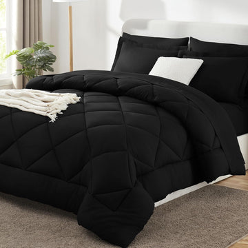 Comforter Set Black - Bed in a Bag 7 Pieces, Luxury Soft Bed Set for All Seasons