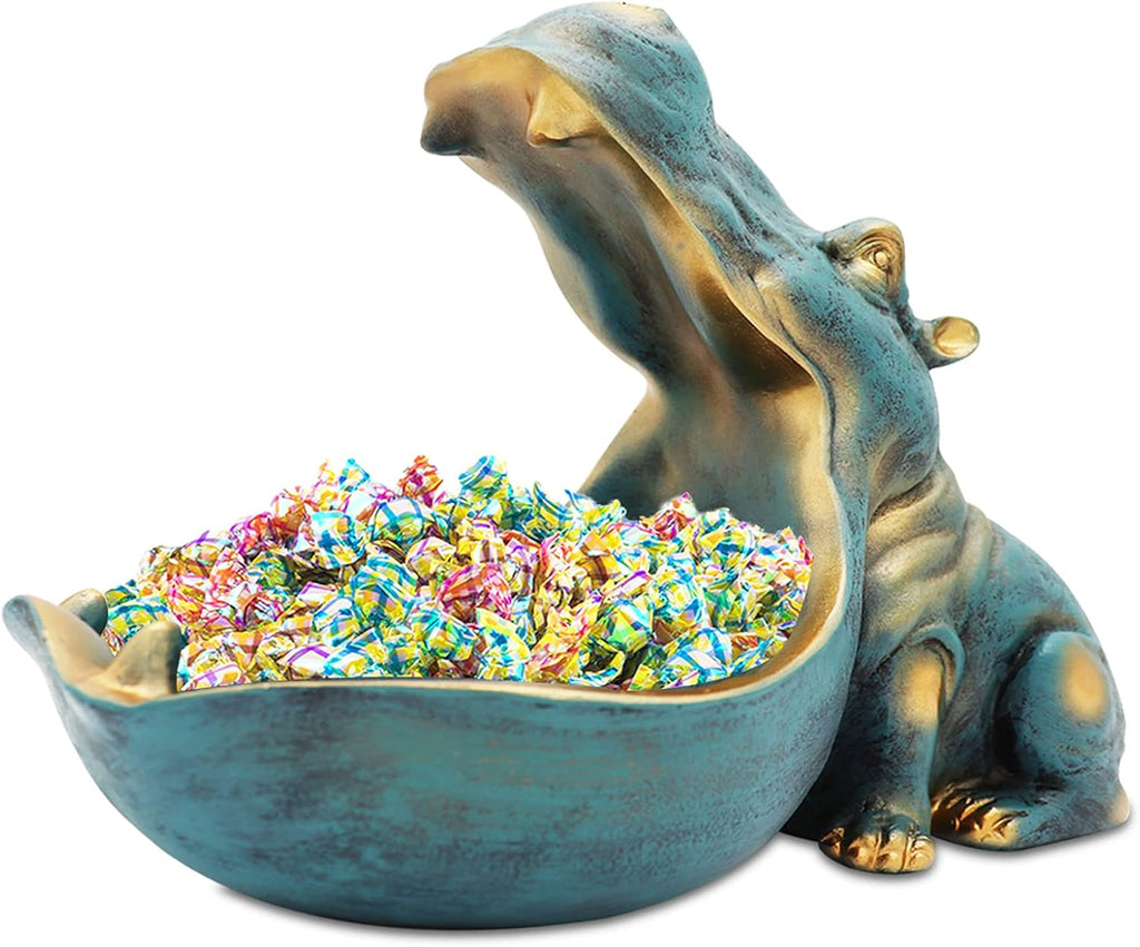 Hippo Statue,Large Hippopotamus Figurine Home Sculpture with Resin, Hippo Candy Jar, Candy Dish Bowl Desk, Key Bowl