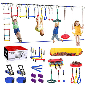 Warrior Obstacle Course for Kids Backyard-65ft Slackline Kit with 13 Obstacles, Upgraded Quick-Install Buckles No