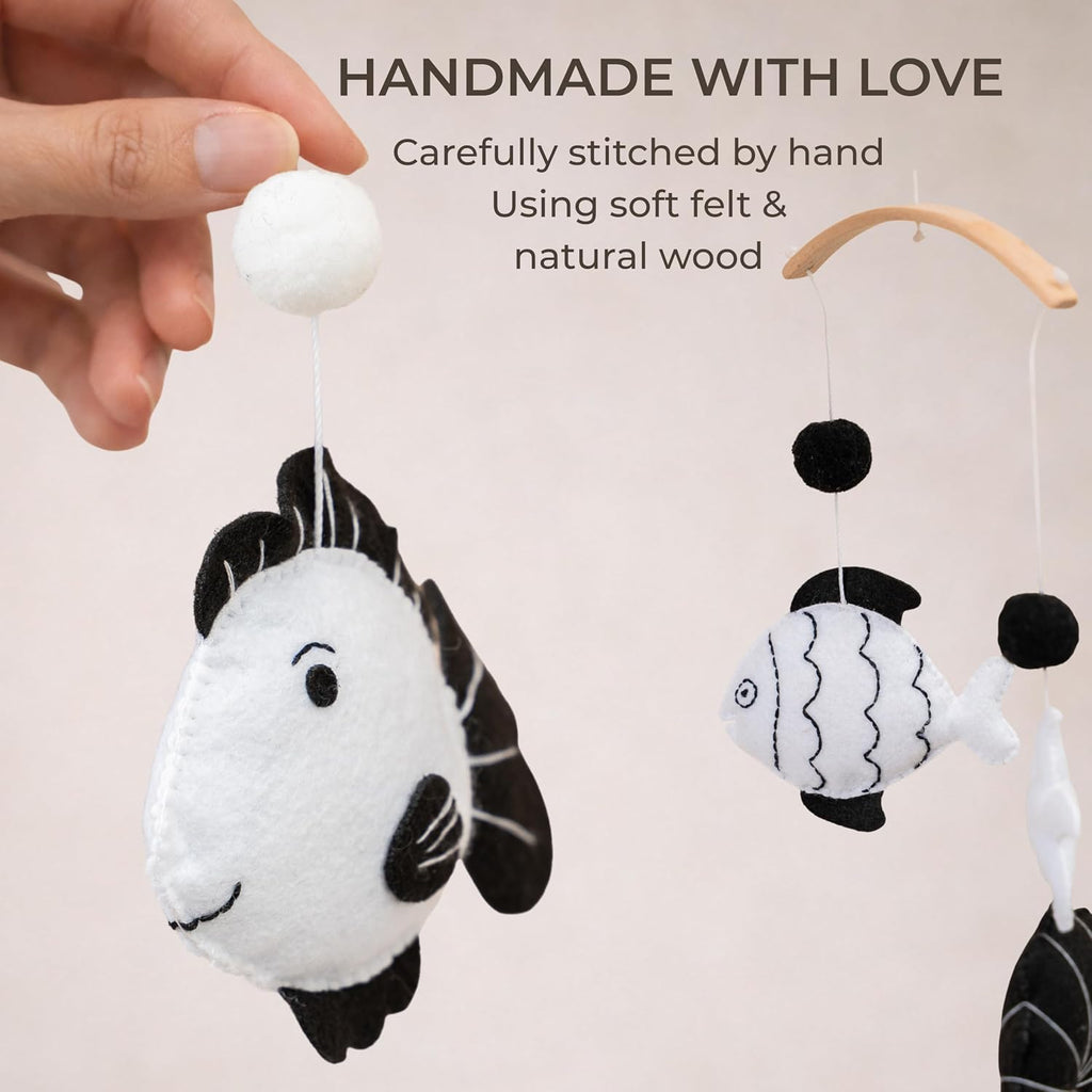 High-Contrast Black & White Decor for Newborn Baby Nursery Room - Fish Crib Mobile, for Boy & Girl, Safe Natural Wood