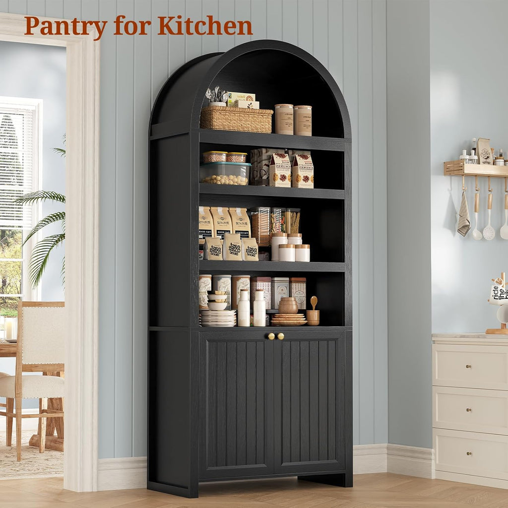 81" Tall Arched Cabinets,Bookcase with storage,Mid-Century Modern 6-Tier Bookshelf with Door,2 Book Risers and
