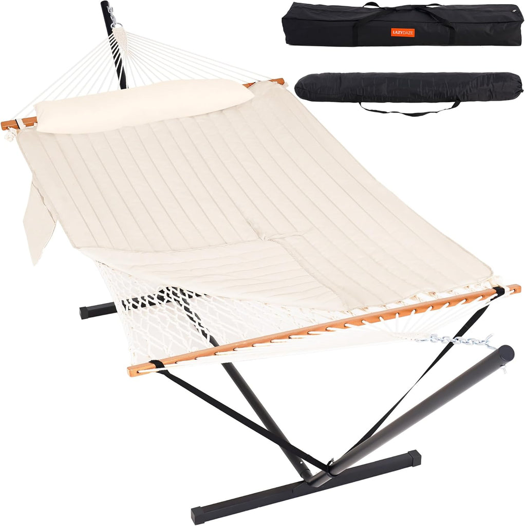 2 Person Portable Hammock with 12FT Stand, Double Hand Woven Cotton Rope Hammock with Detachable Quilted Pad & Pillow