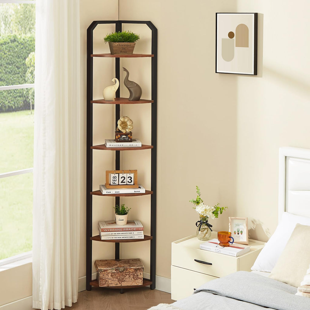 6‐Tier Corner Shelf, 71" Tall Narrow Corner Bookshelf, Brown
