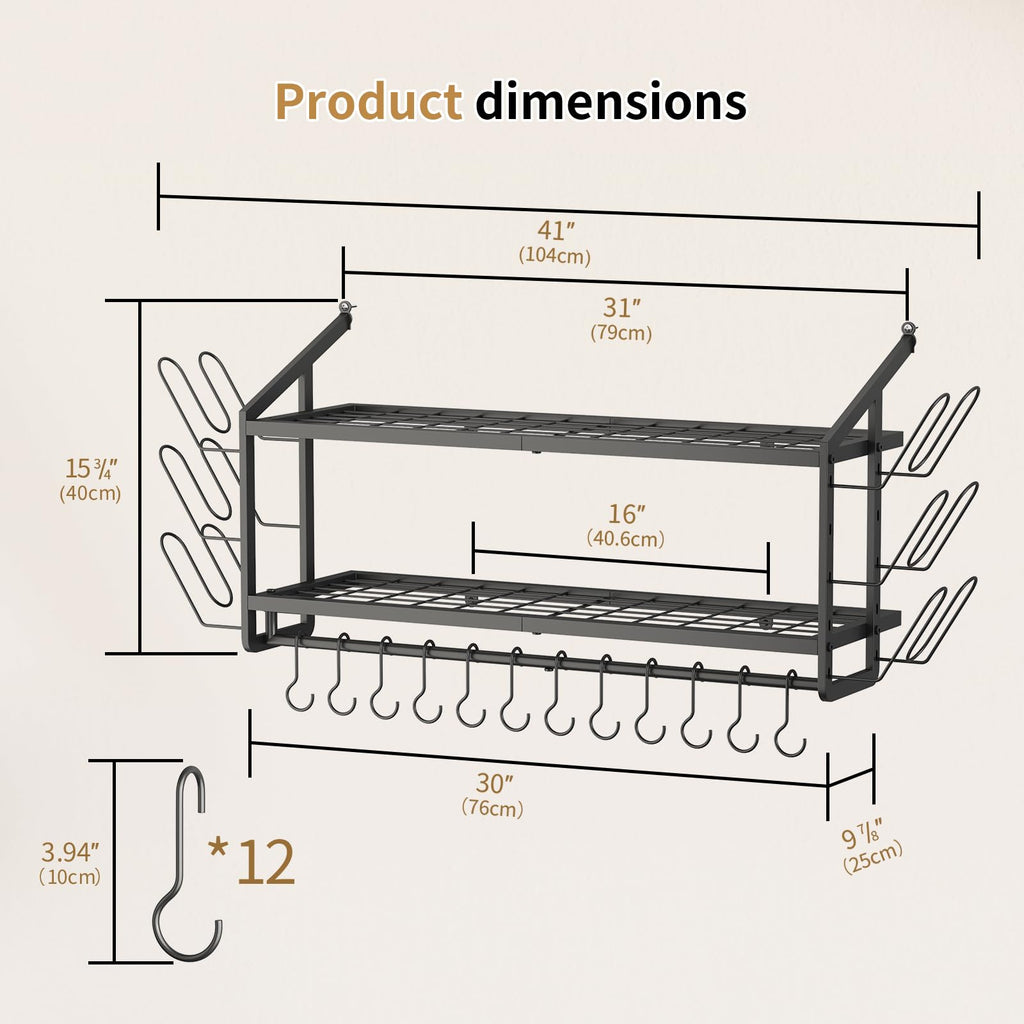 30"Pot Rack Wall Mounted with 6 Pot Lid Holders,12 Hooks for Hanging Pans