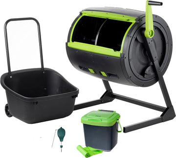 Two Stage 65 gal Compost Tumbler with Large Double Doors and Open Frame and Comes with Compost Cart, 1.85 Gal Kitchen