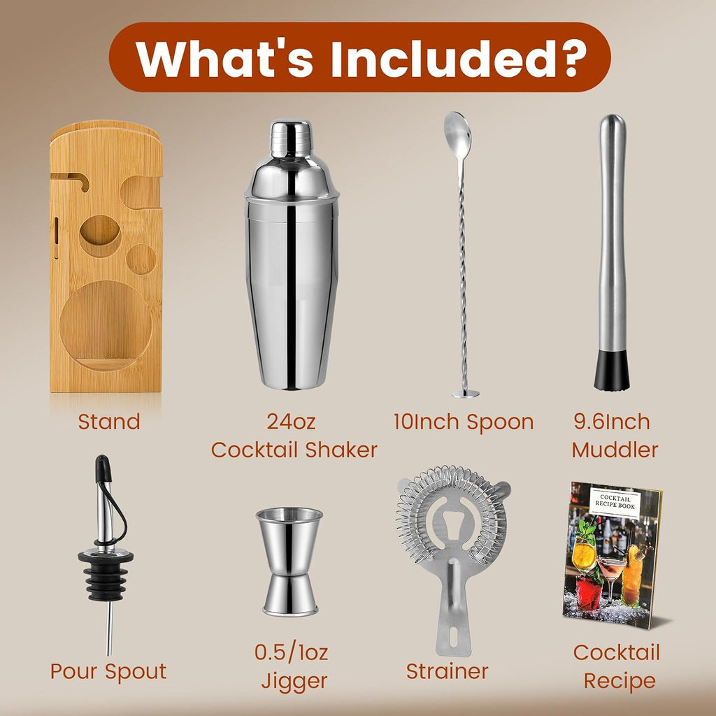 8-Piece Cocktail Shaker Set with Wooden Stand Bartender Kits Bar Set - Set of 8