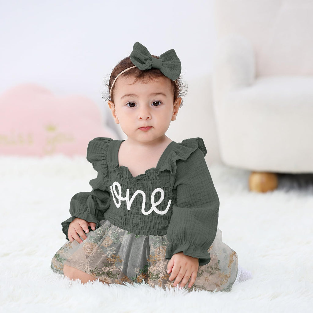 Baby Girl 1st Birthday Clothes One Year Old Tulle Romper Long Sleeve Bodysuit Cake Smash Outfits(dark